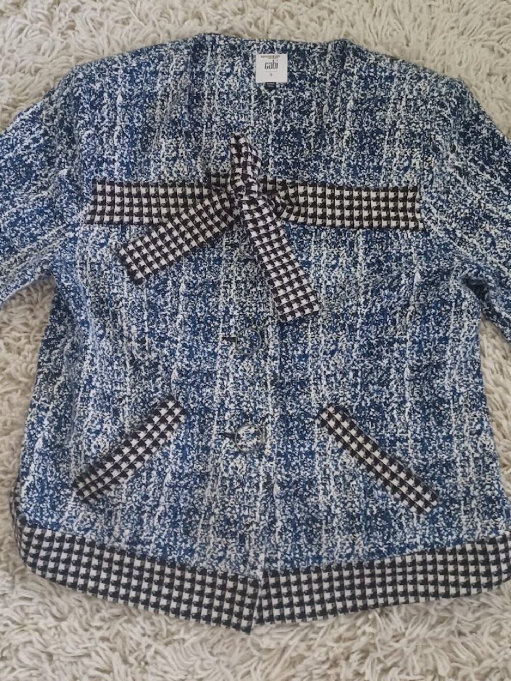 CAbi 21 Club Jacket 5294 Womens S Blue Houndstooth Bow Tweed Blazer 3/4 Sleeve